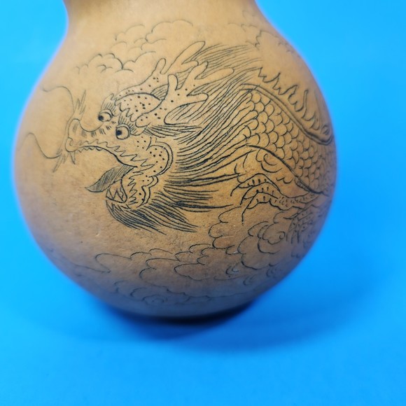 Chinese Carved Dragon Gourd Branched Horns Writing 7 in. High Real - Picture 2 of 10